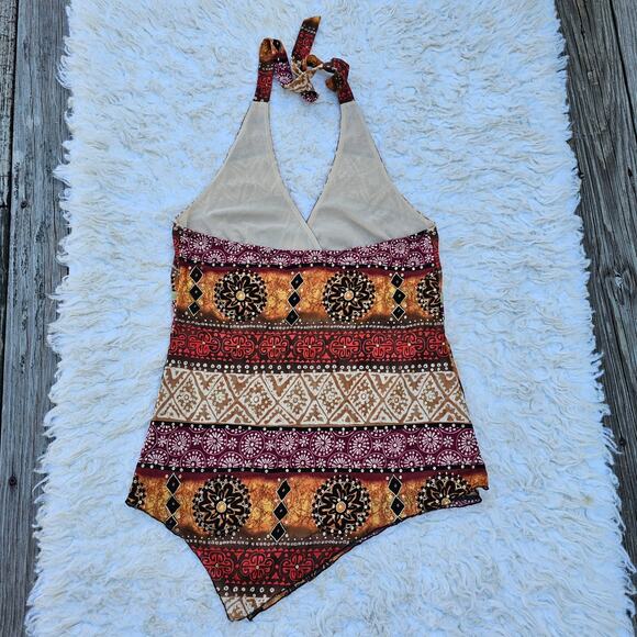 Gauze Halter Top Size M Dressbarn Beaded V-Neck Tank Orange Brown Stripe Print - Picture 7 of 8